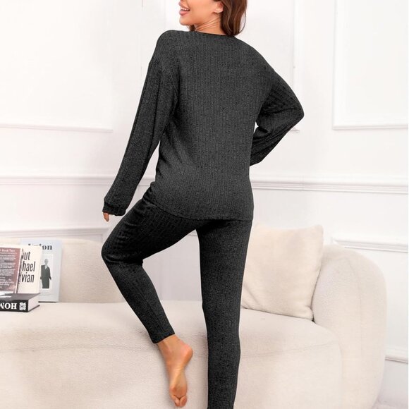Women’s Pajama Set Soft Ribbed Knit Long Sleeve Sleepwear Lounge Set Pocket XXL - Picture 3 of 3